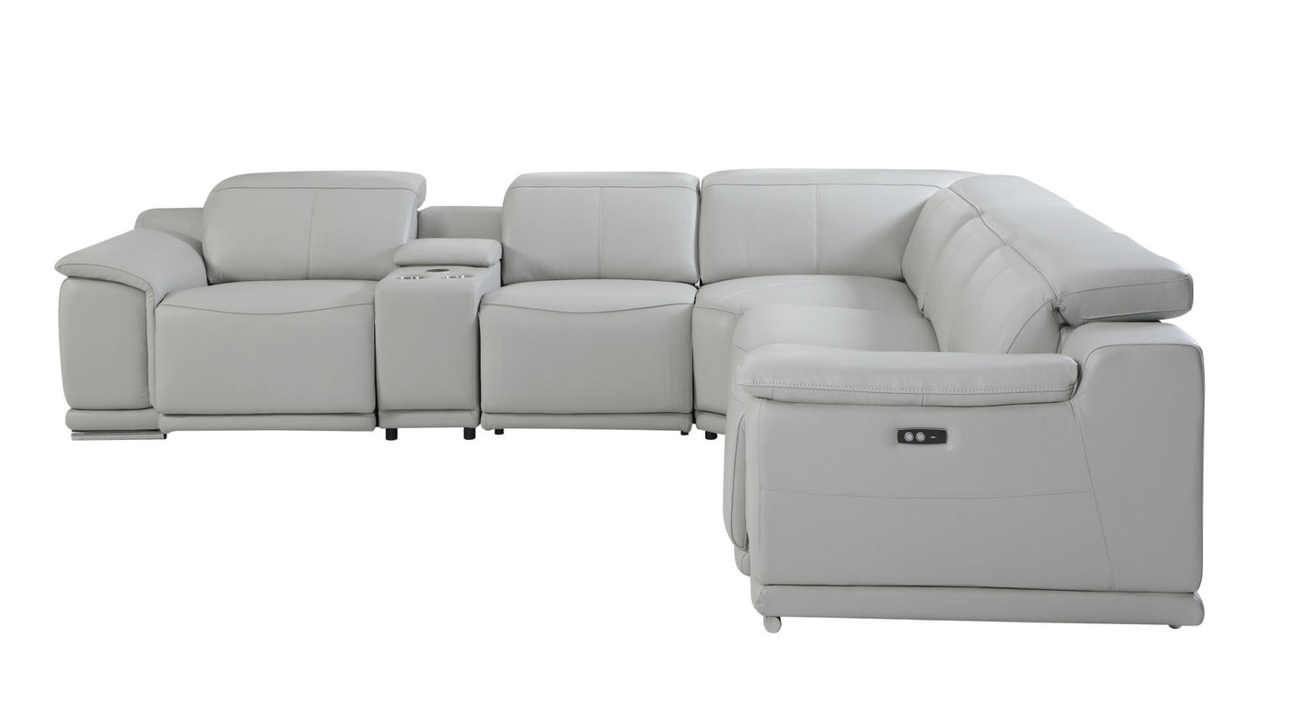Light Gray Italian Leather Power Reclining U Shaped Six Piece Corner Sectional With Console-4