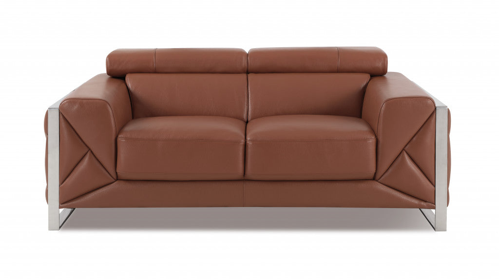 75" Camel And Silver Italian Leather Loveseat-0