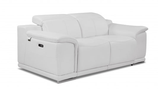 72" White And Silver Italian Leather Power Reclining Loveseat-0