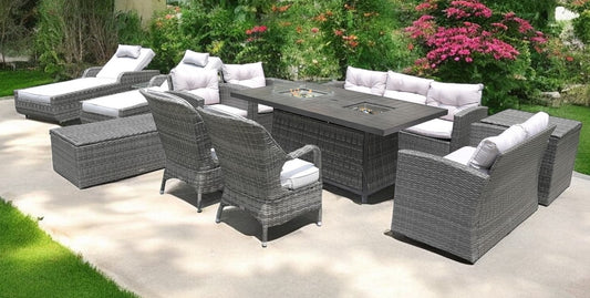 Twelve Piece Outdoor Gray Wicker Multiple Chairs Seating Group Fire Pit Included with White Cushions-0