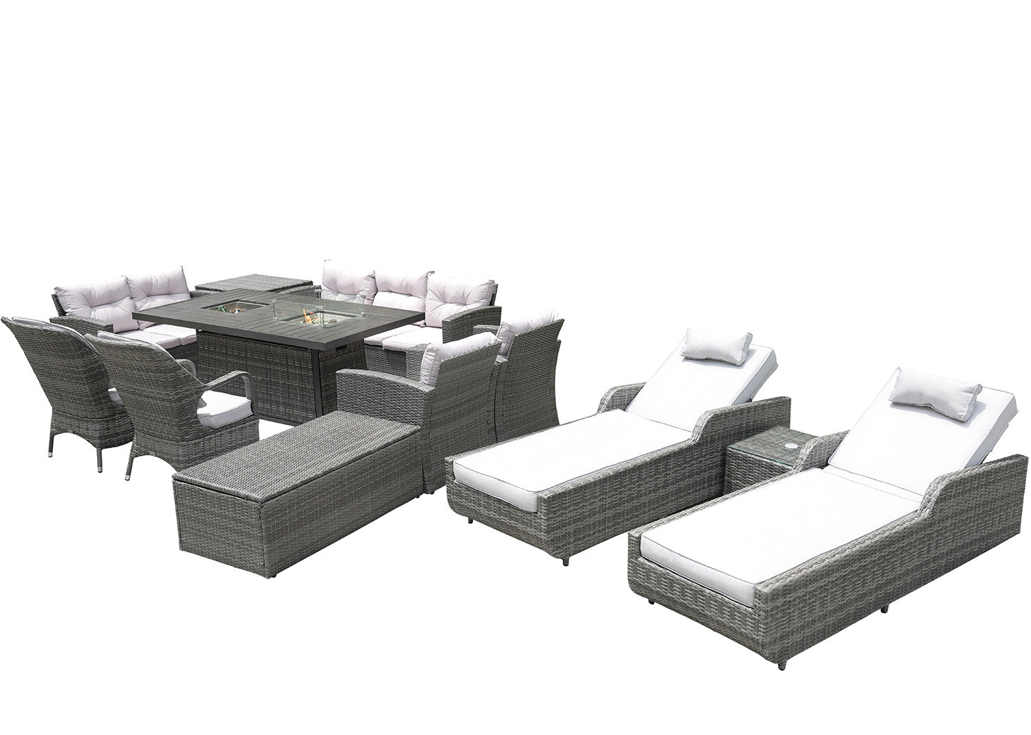 Twelve Piece Outdoor Gray Wicker Multiple Chairs Seating Group Fire Pit Included with White Cushions-3