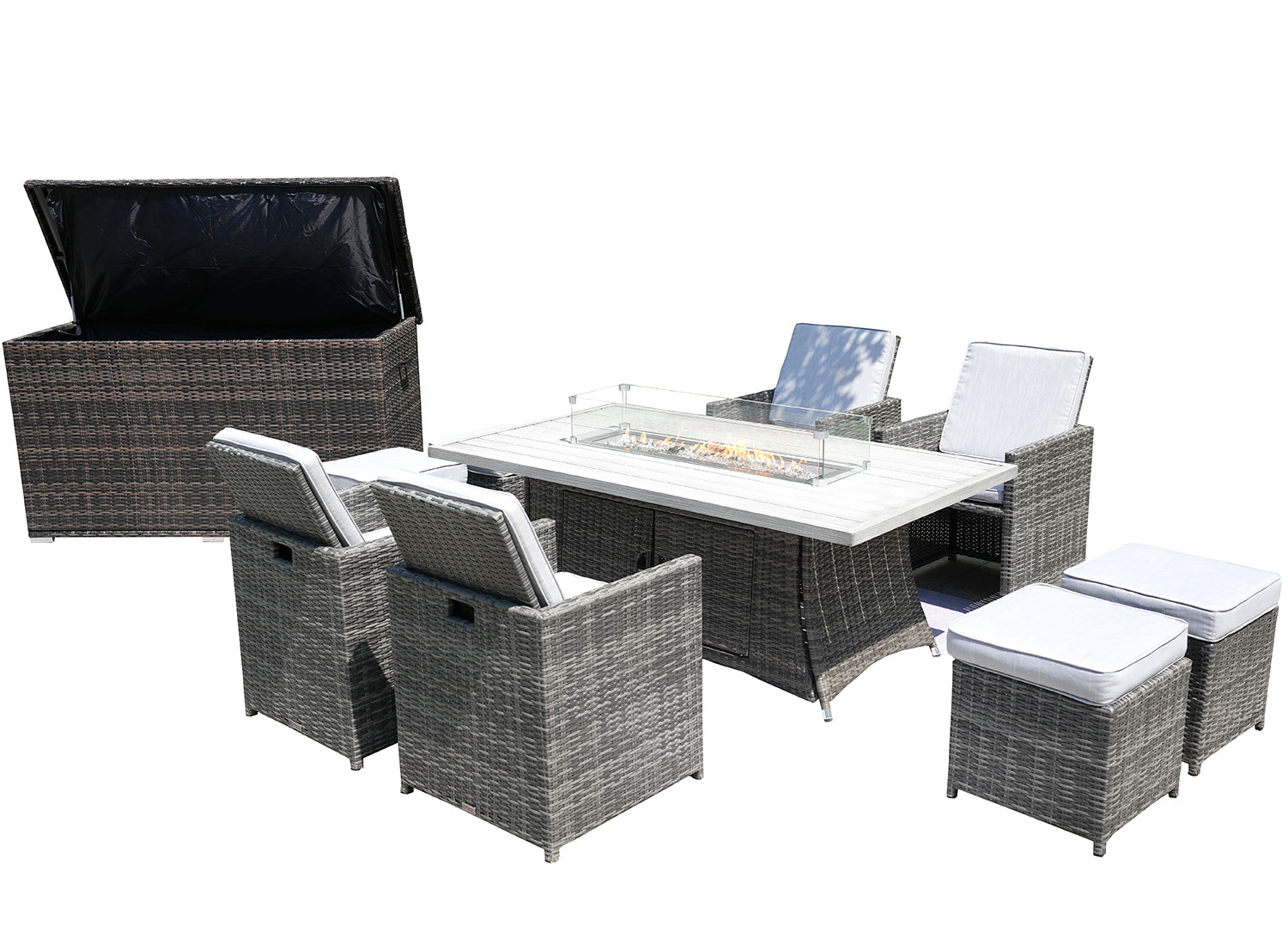 Ten Piece Outdoor Gray Wicker Multiple Chairs Seating Group Fire Pit Included with White Cushions-0