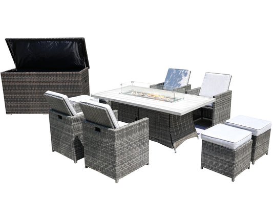 Ten Piece Outdoor Gray Wicker Multiple Chairs Seating Group Fire Pit Included with White Cushions-0