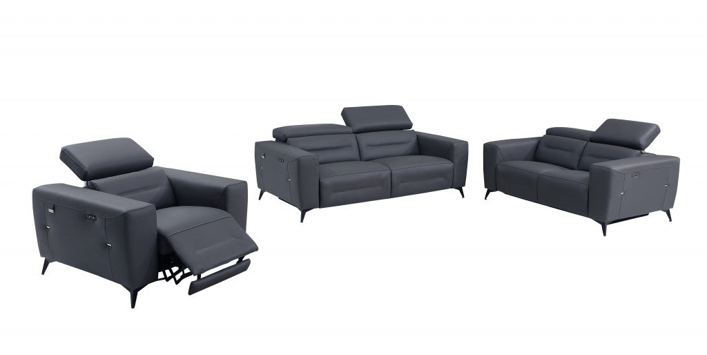 Three Piece Indoor Dark Gray Italian Leather Six Person Seating Set-0
