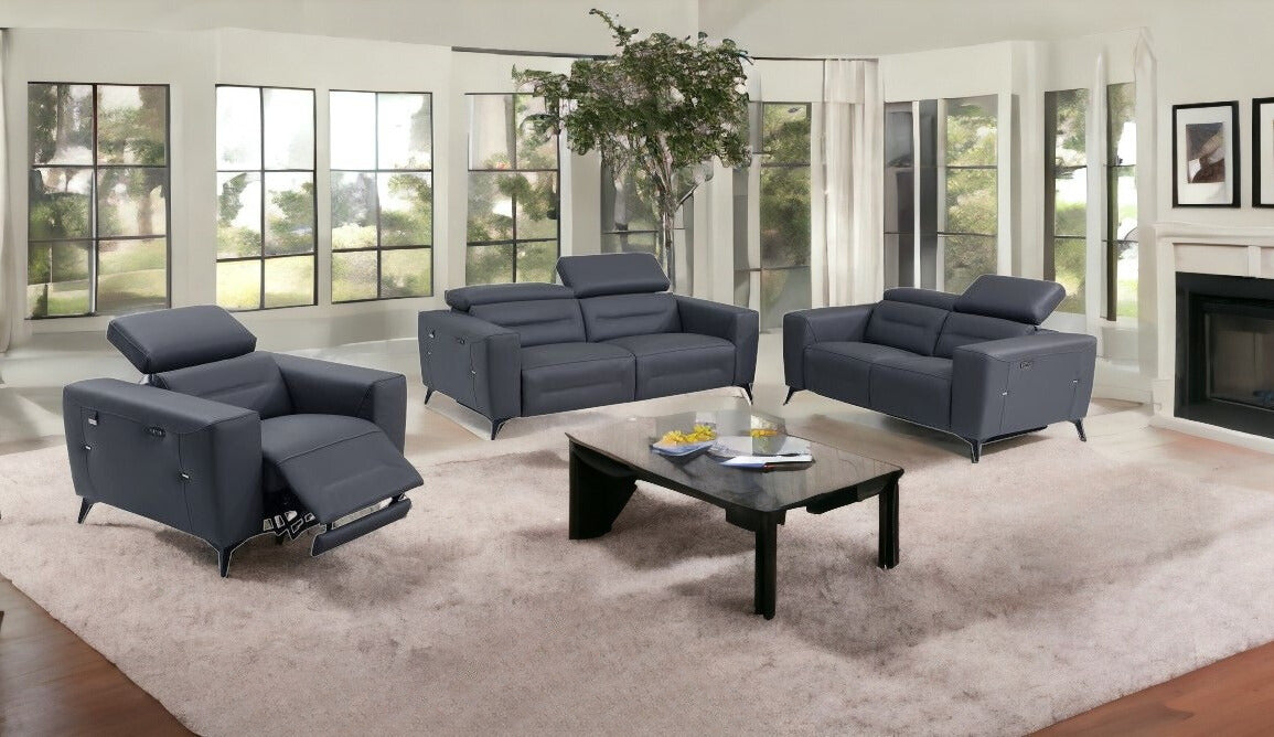 Three Piece Indoor Dark Gray Italian Leather Six Person Seating Set-1