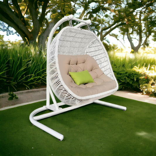 69" Beige and White Metal Indoor Outdoor Swing Chair with Beige Cushion-0