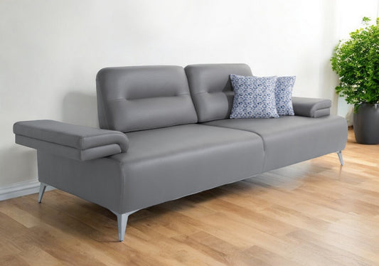 89" Light Gray Leather Convertible Sofa And Toss Pillows With Silver Legs-0