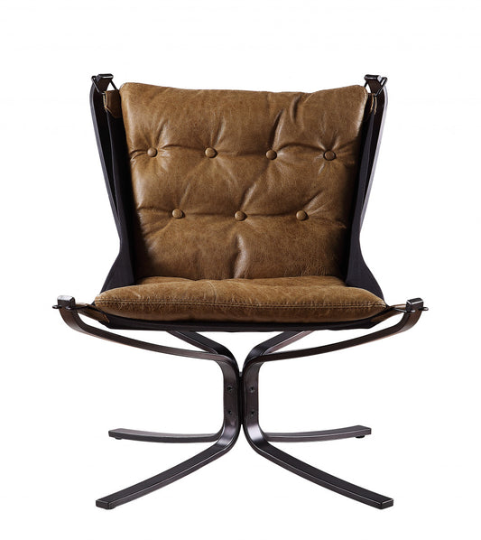 30" Coffee and Steel Blue Top Grain Leather Tufted Lounge Chair-0