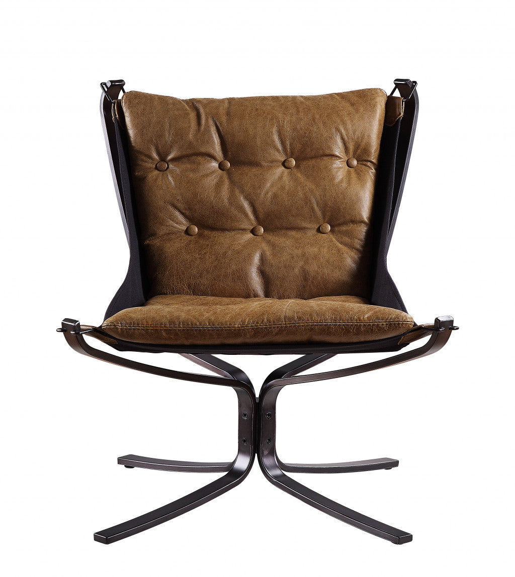 30" Coffee and Steel Blue Top Grain Leather Tufted Lounge Chair-2