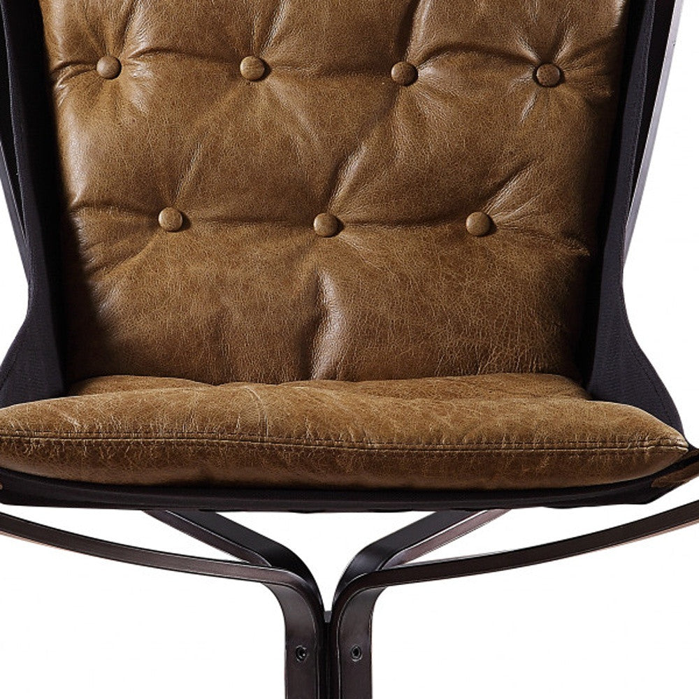 30" Coffee and Steel Blue Top Grain Leather Tufted Lounge Chair-4