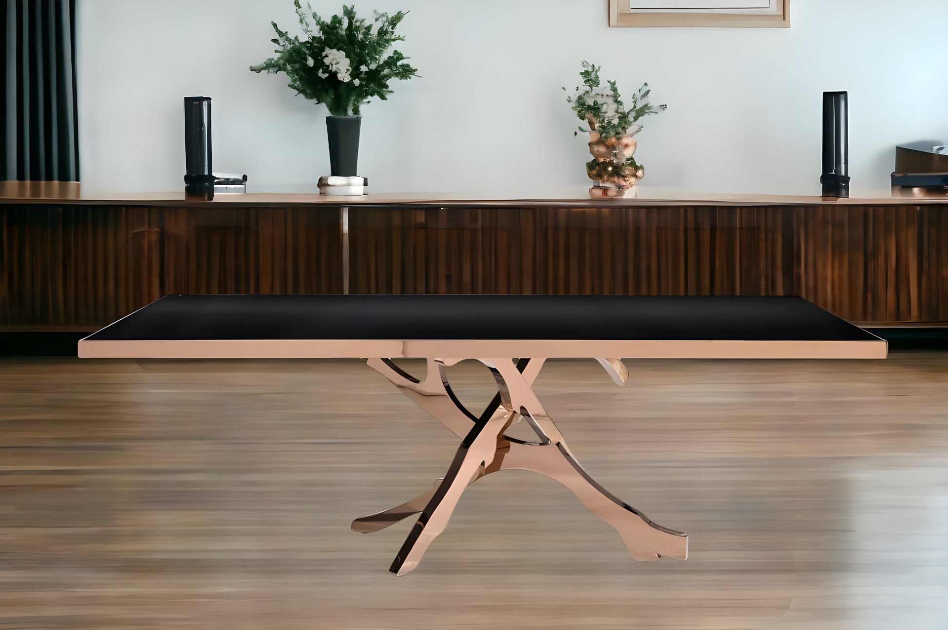 87" Black And Gold Glass And Stainless Steel Pedestal Base Dining Table-0