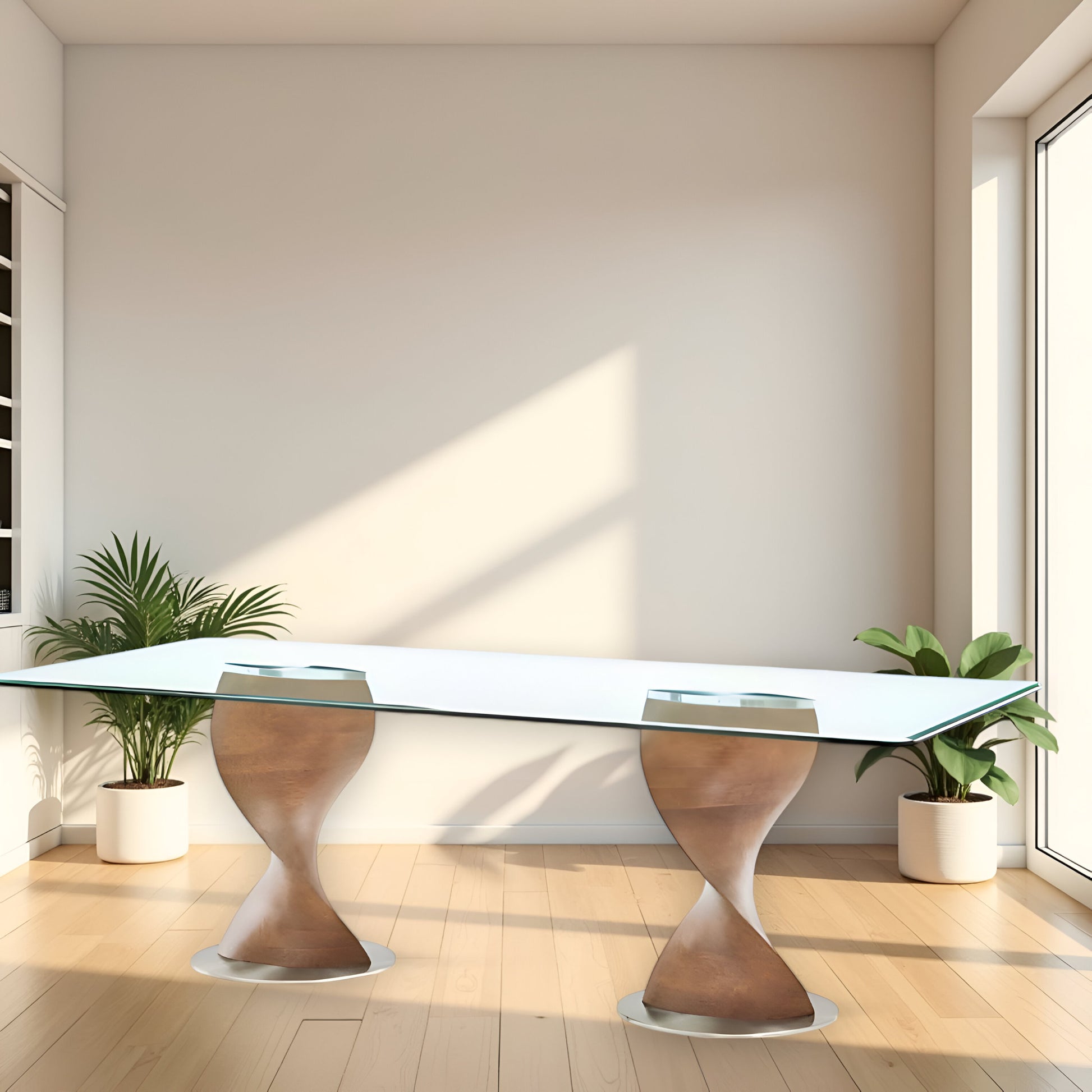 95" Clear And Brown Glass And Solid Wood Double Pedestal Base Dining Table-0