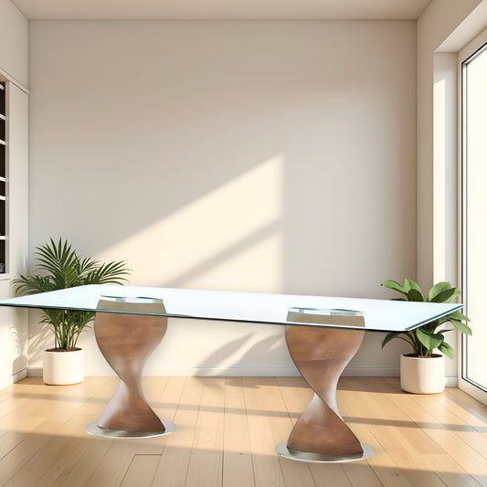 95" Clear And Brown Glass And Solid Wood Double Pedestal Base Dining Table-0