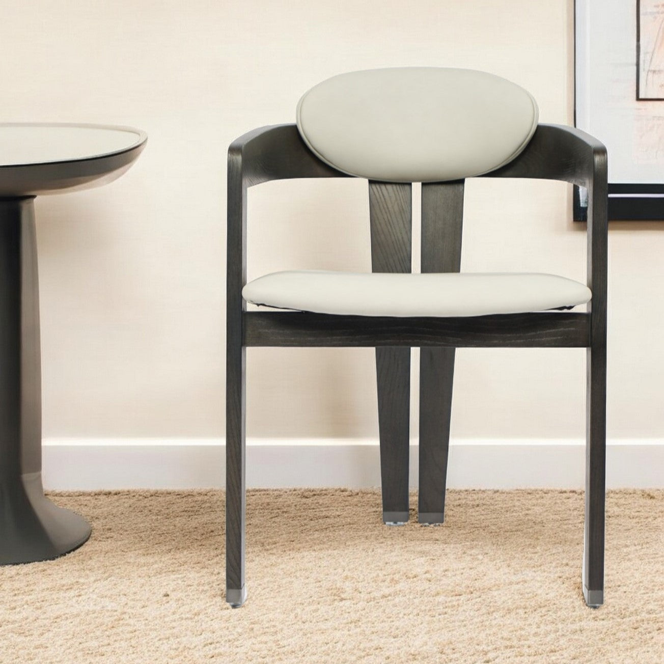 Light Gray And Dark Gray Upholstered Faux Leather Open Back Dining Arm Chair-0