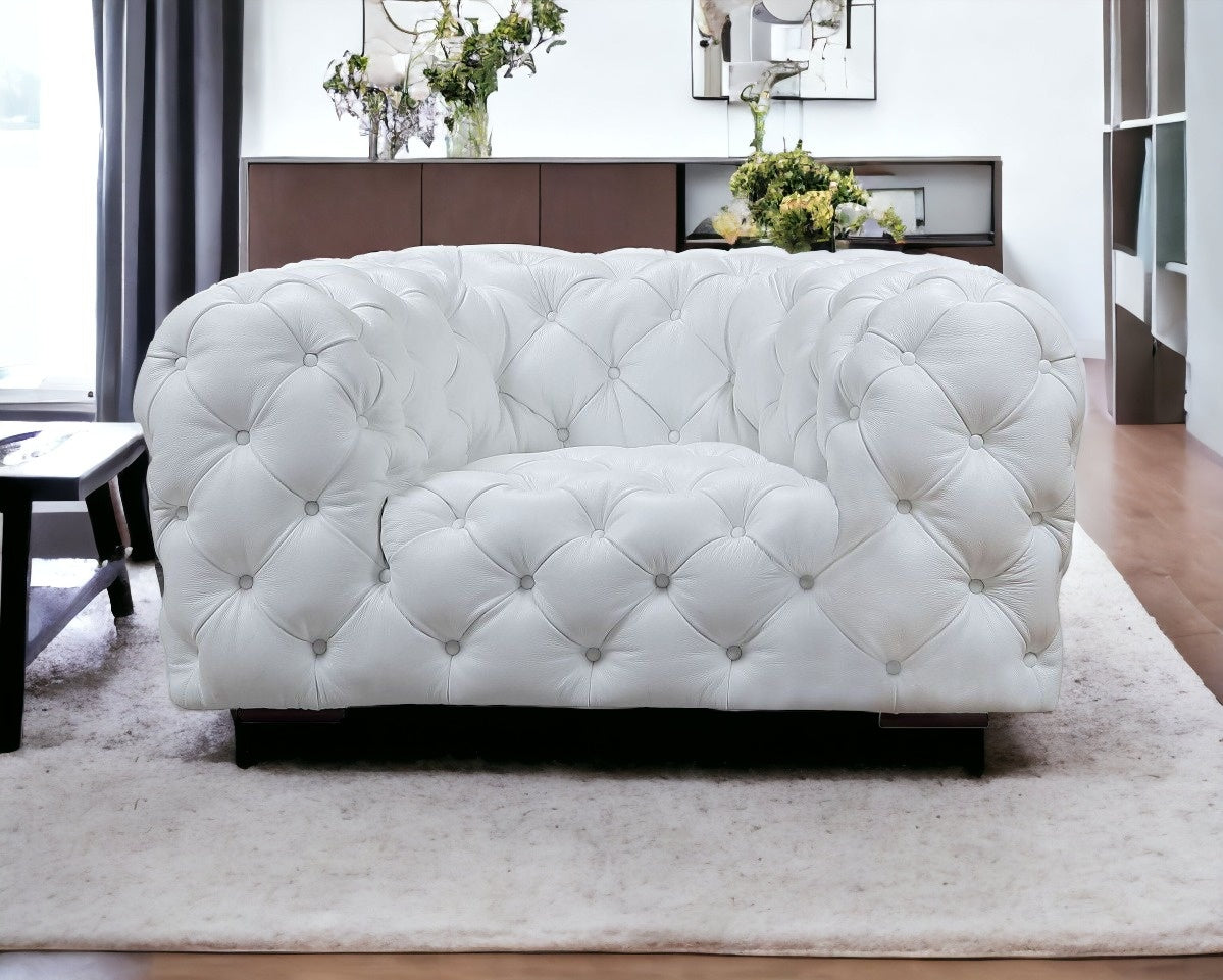 57" White And Black Top Grain Leather Tufted Arm Chair-2