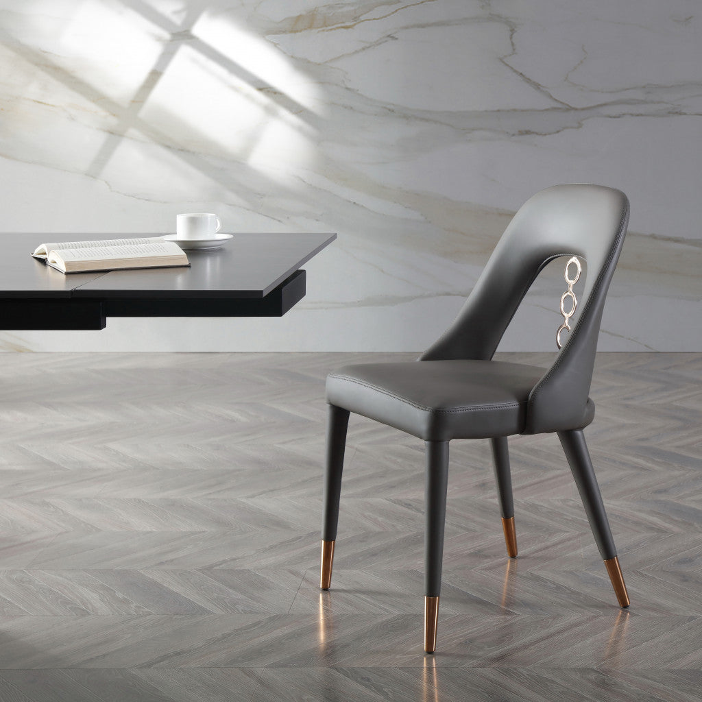 Set of Two Gray Faux Leather Dining Side Chairs With Rose Gold Accents-5