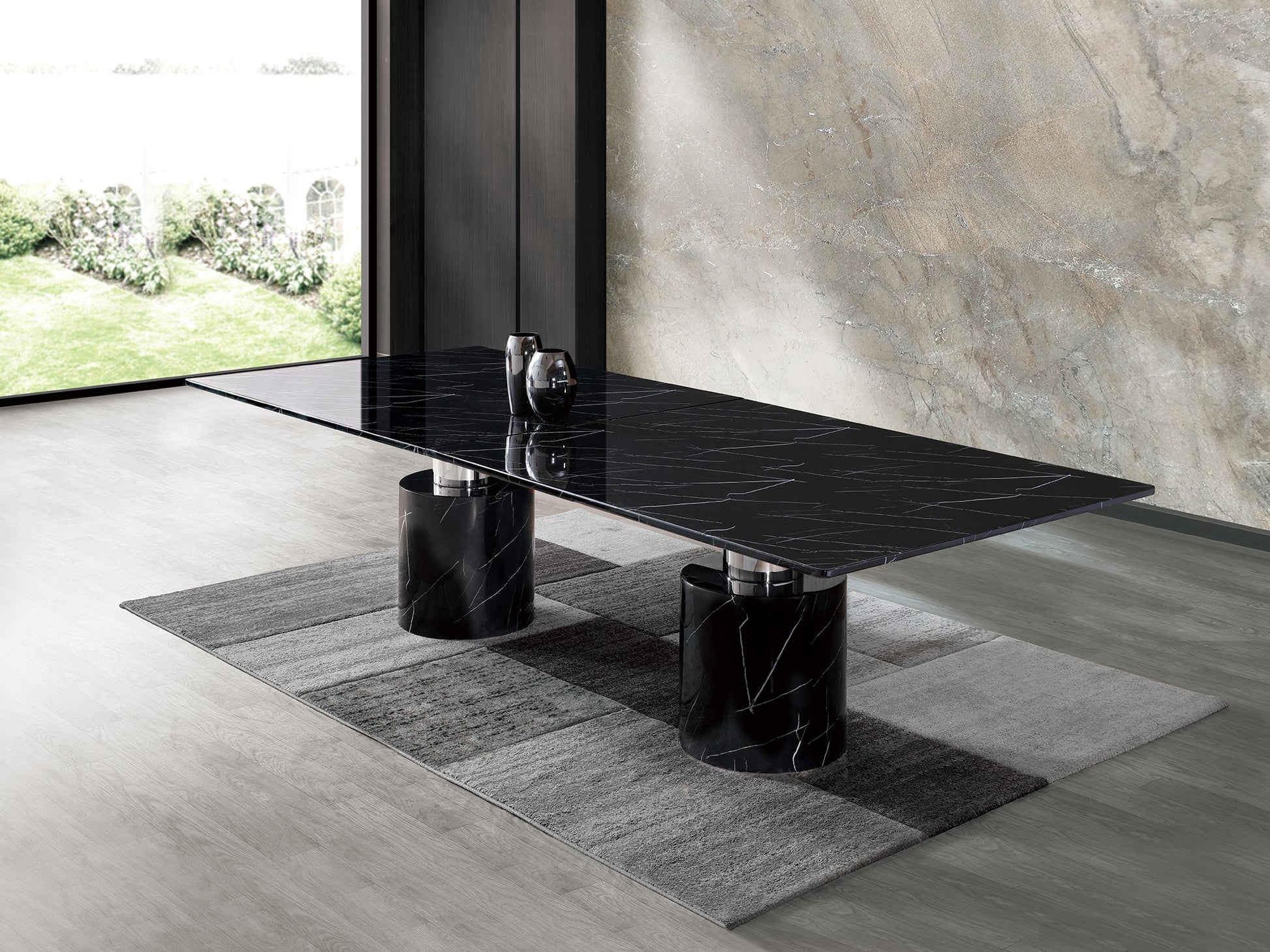 180" Black Marble Double Pedestal Base Dining Table-3