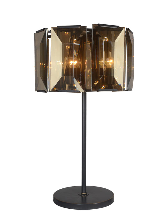 30" Bronze Metal Four Light Cylinder Bedside Table Lamp With Amber Round Shade-0