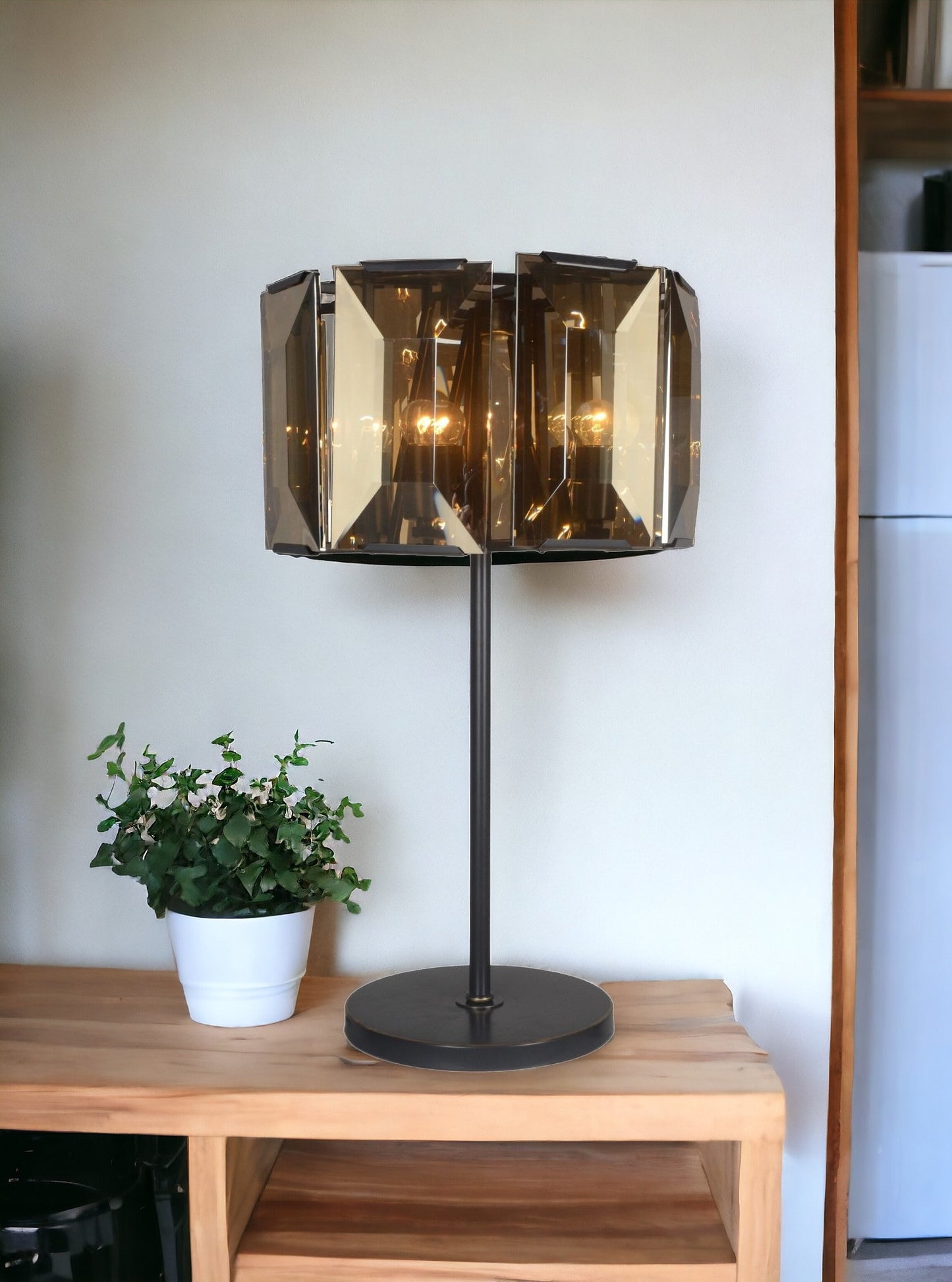 30" Bronze Metal Four Light Cylinder Bedside Table Lamp With Amber Round Shade-1