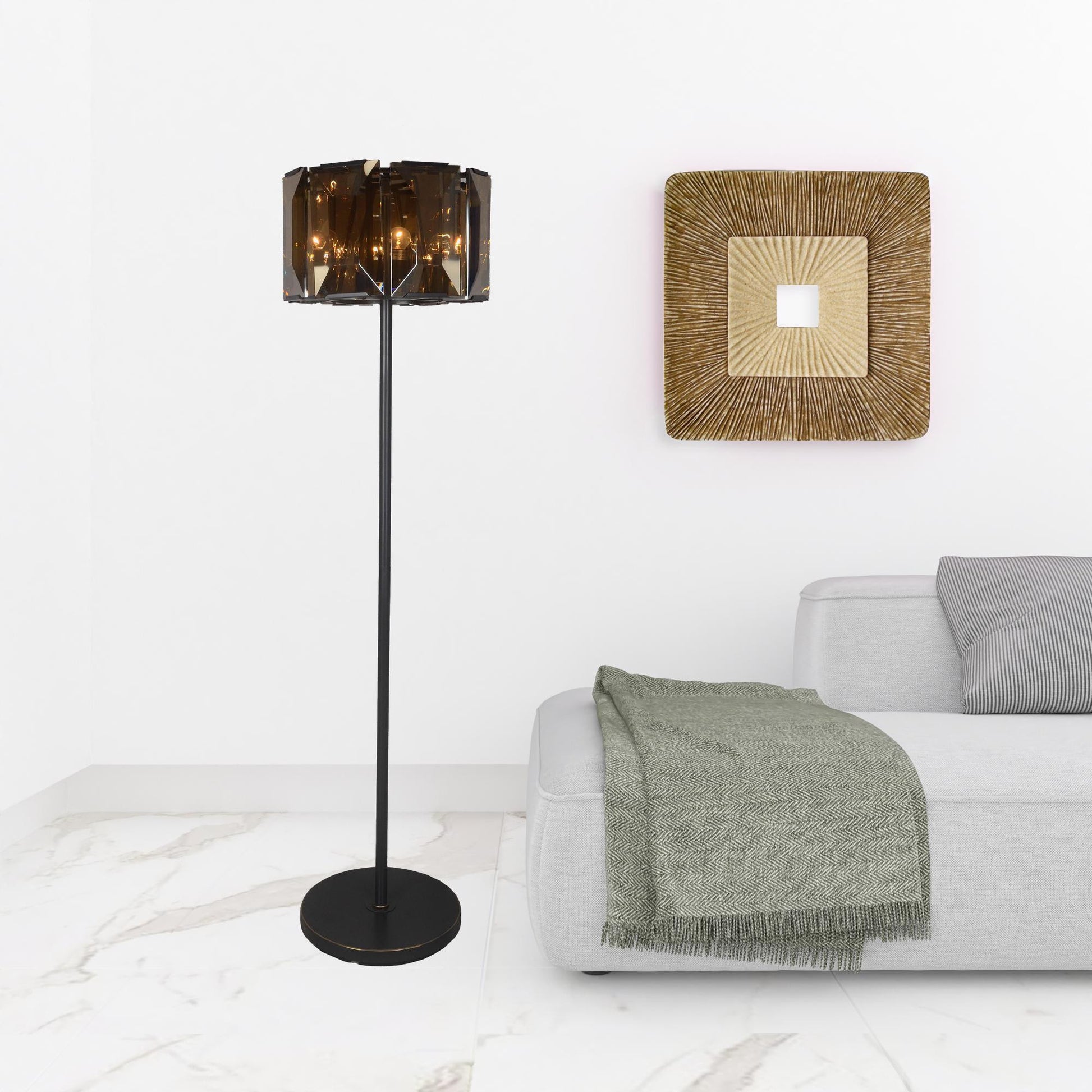 68" Dark Bronze Floor Lamp With Amber Solid Color Beveled Glass Drum Shade-1