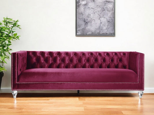 89" Burgundy Velvet Sofa And Toss Pillows With Black Legs-0