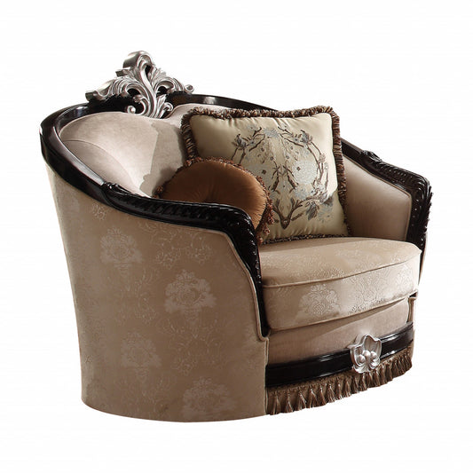 47" Tan and Black Fabric Floral Arm Chair And Toss Pillows-0
