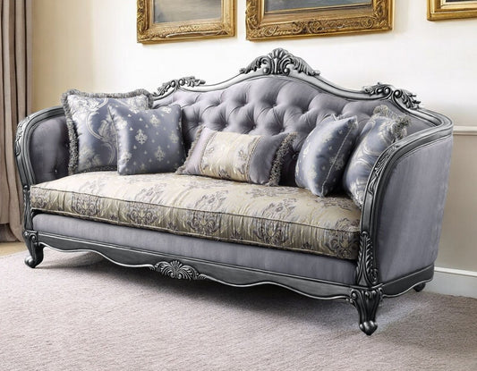 89" Platinum Imitation Silk Damask Sofa And Toss Pillows-0
