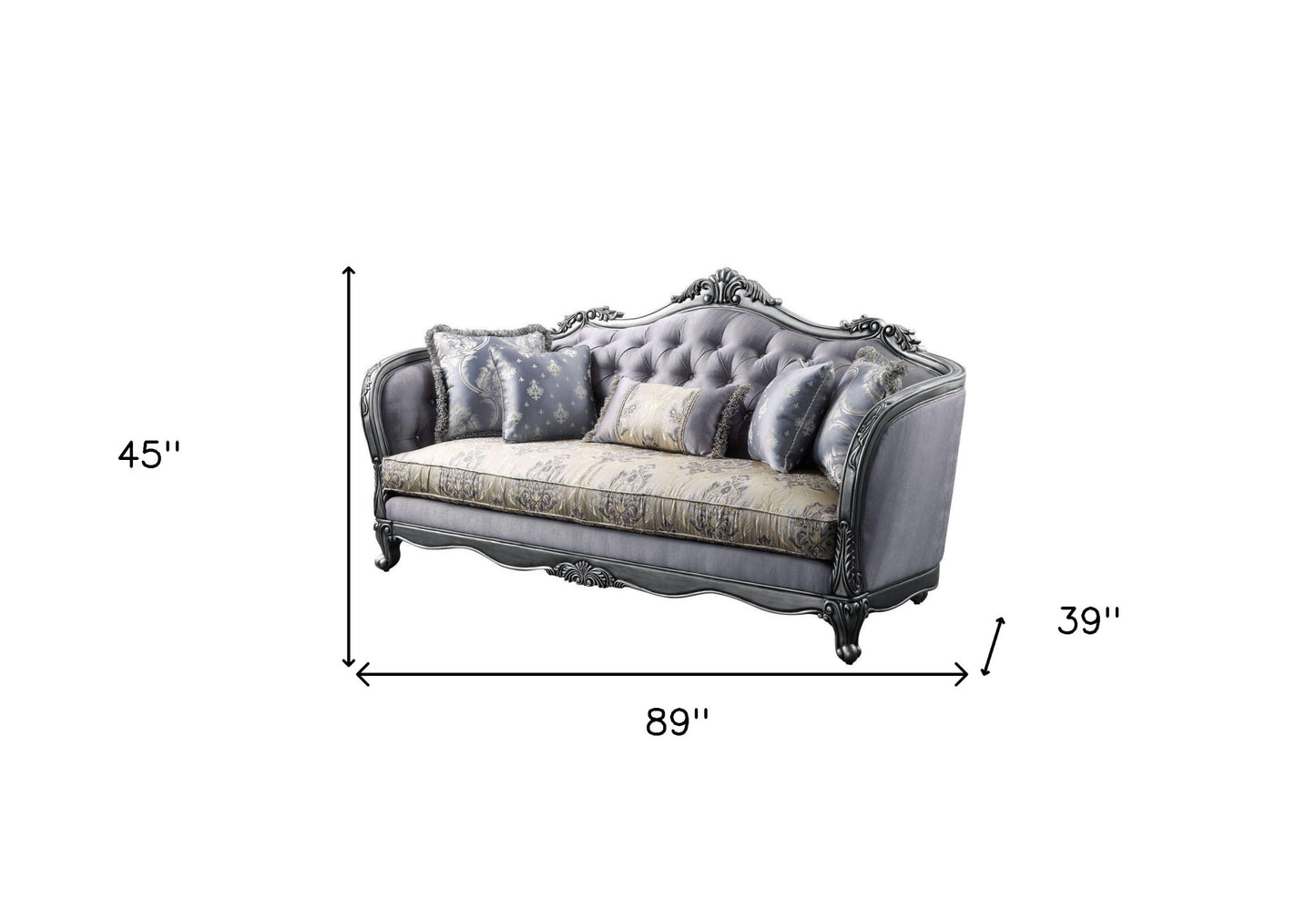 89" Platinum Imitation Silk Damask Sofa And Toss Pillows-4
