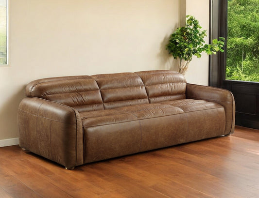 95" Dark Brown Top Grain Leather Sofa With Black Legs-0