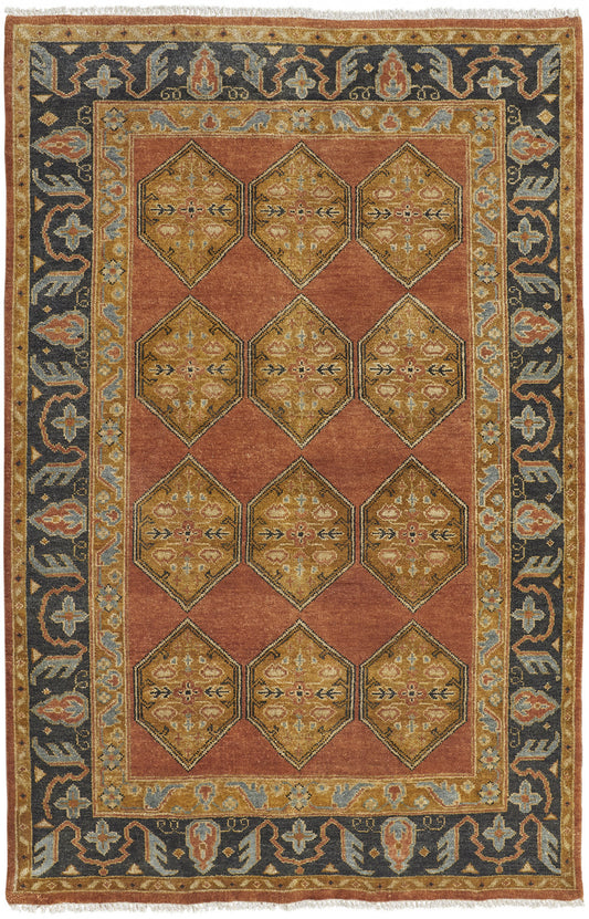 8' X 10' Tan Orange And Brown Wool Floral Hand Knotted Stain Resistant Area Rug-0