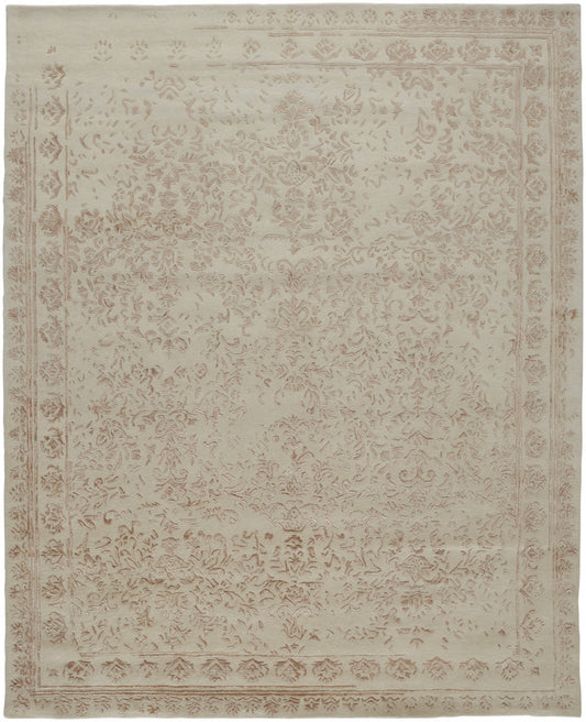10' X 14' Ivory Tan And Pink Wool Floral Tufted Handmade Distressed Area Rug-0