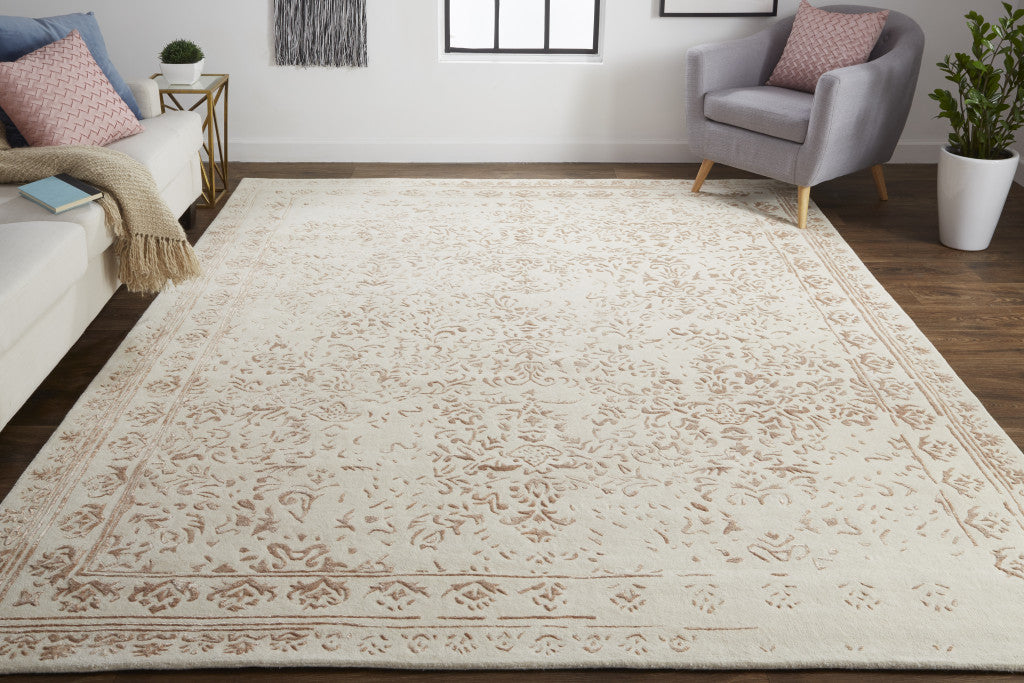 10' X 14' Ivory Tan And Pink Wool Floral Tufted Handmade Distressed Area Rug-5