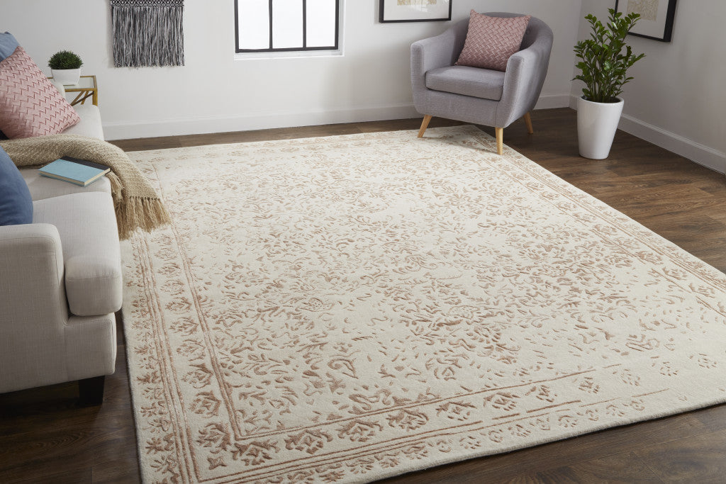 10' X 14' Ivory Tan And Pink Wool Floral Tufted Handmade Distressed Area Rug-6