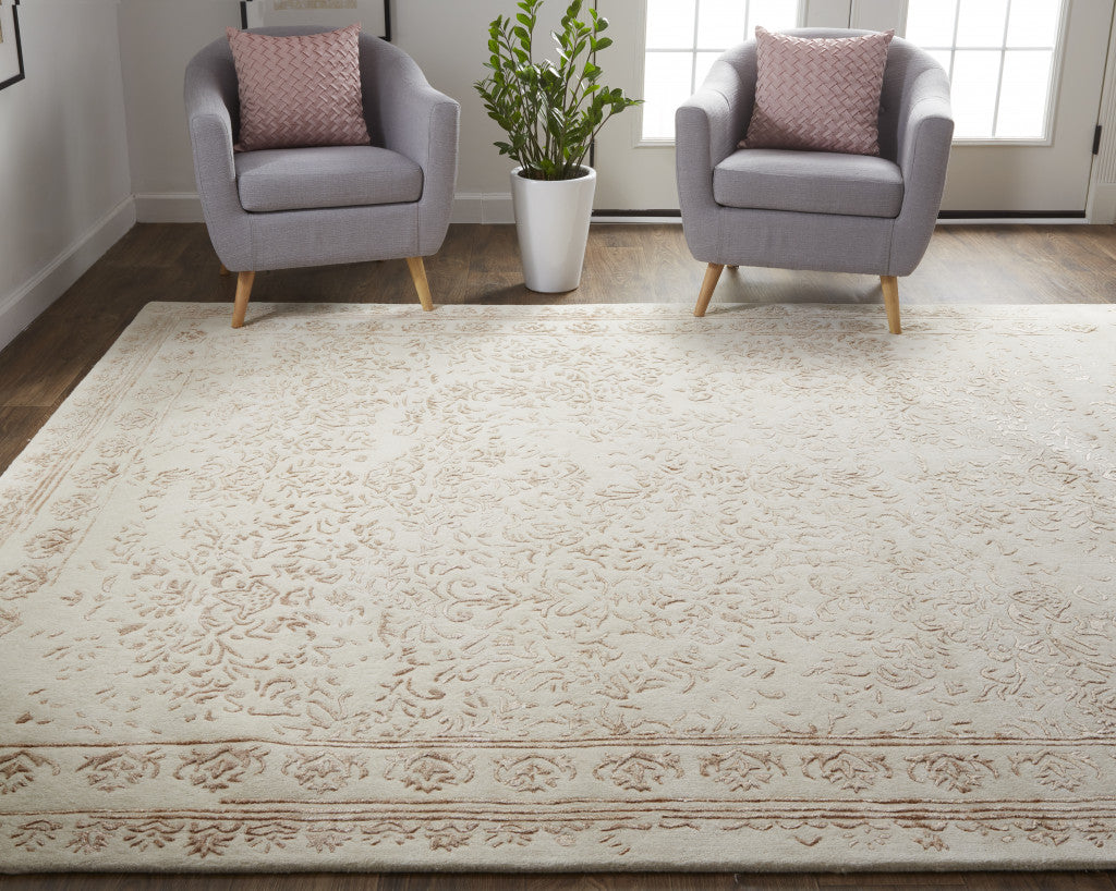 10' X 14' Ivory Tan And Pink Wool Floral Tufted Handmade Distressed Area Rug-7