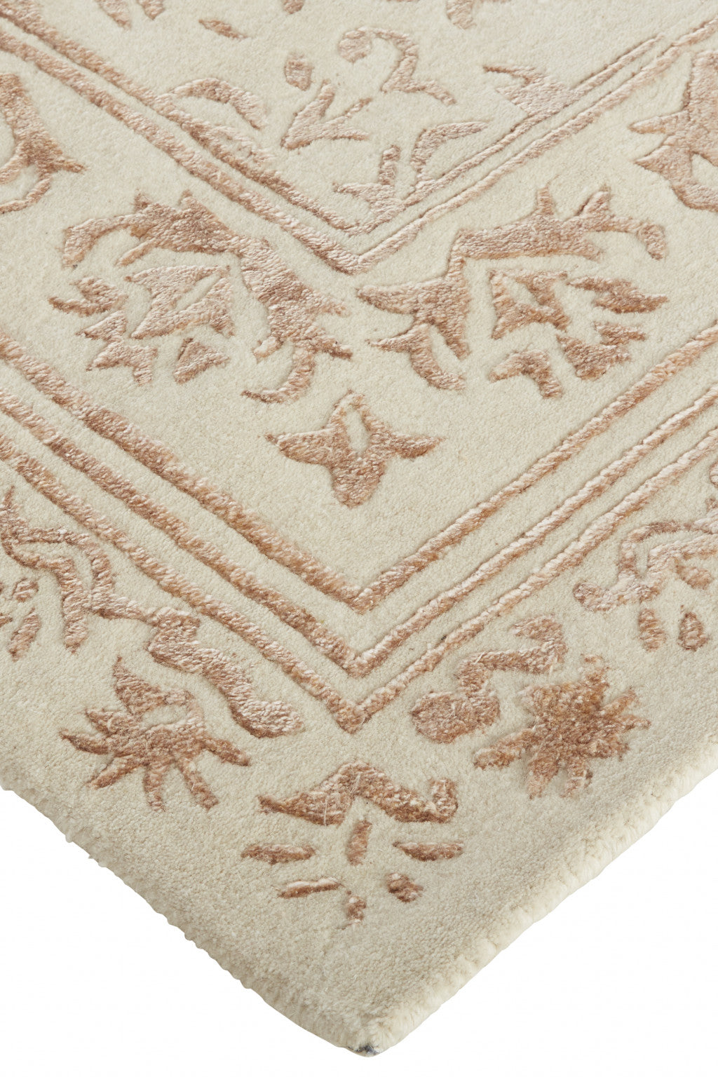 10' X 14' Ivory Tan And Pink Wool Floral Tufted Handmade Distressed Area Rug-3