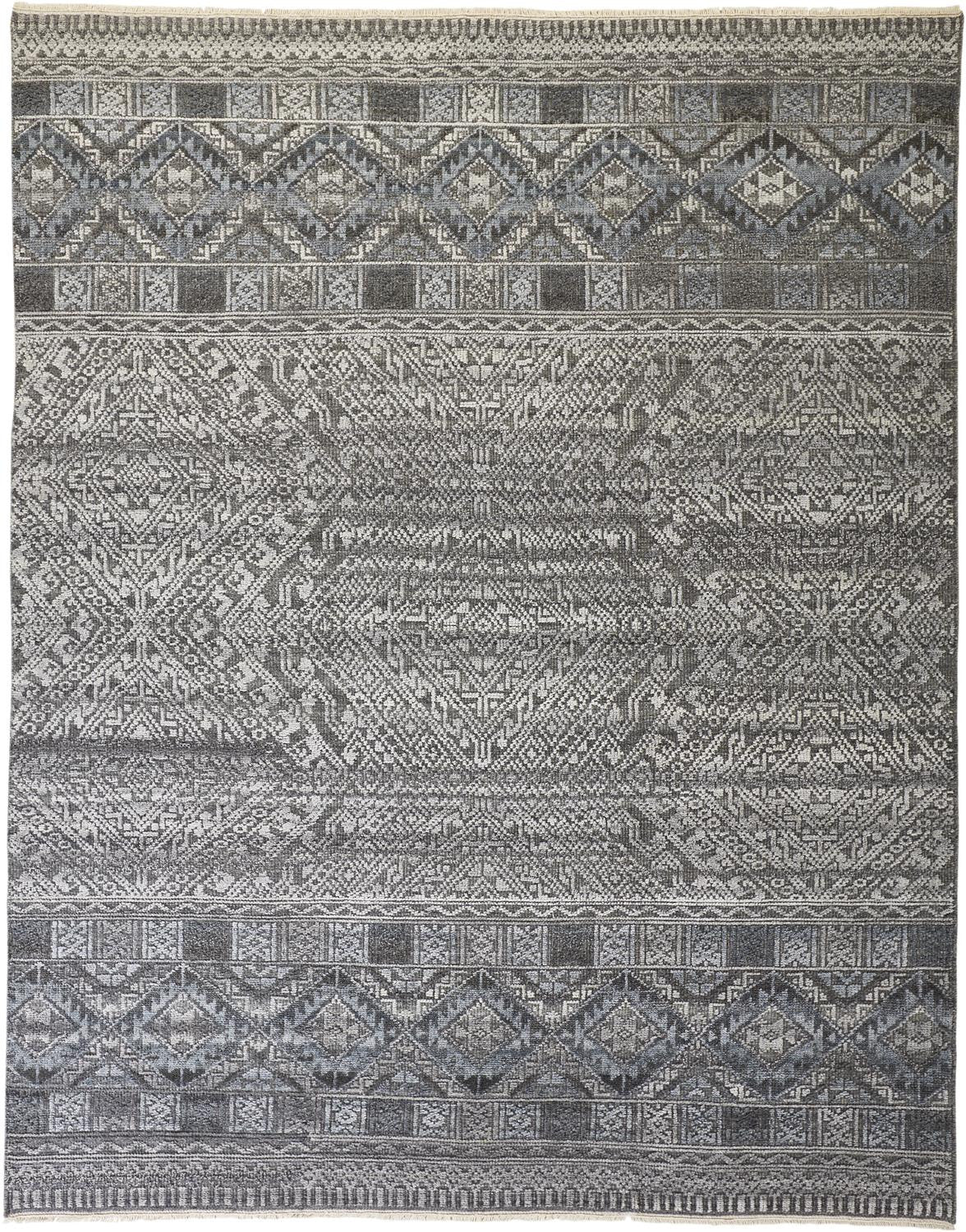 10' X 13' Gray and Ivory Geometric Hand Knotted Area Rug-1