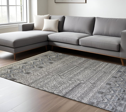 10' X 13' Gray and Ivory Geometric Hand Knotted Area Rug-0