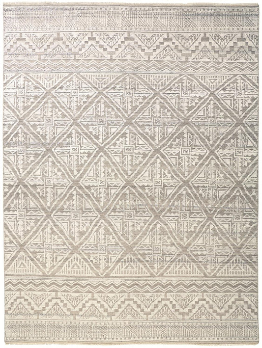 10' X 13' Ivory Tan And Gray Geometric Hand Knotted Area Rug-0