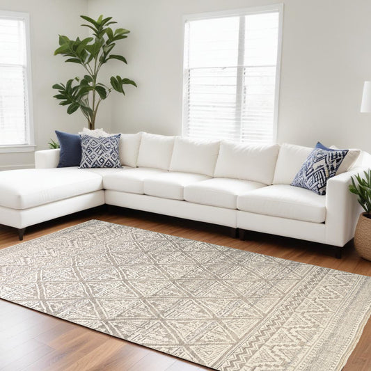 12' X 15' Tan and Ivory Geometric Hand Knotted Area Rug-0