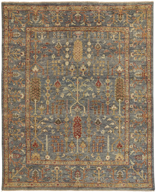 10' X 13' Gray Gold And Red Wool Floral Hand Knotted Stain Resistant Area Rug With Fringe-0