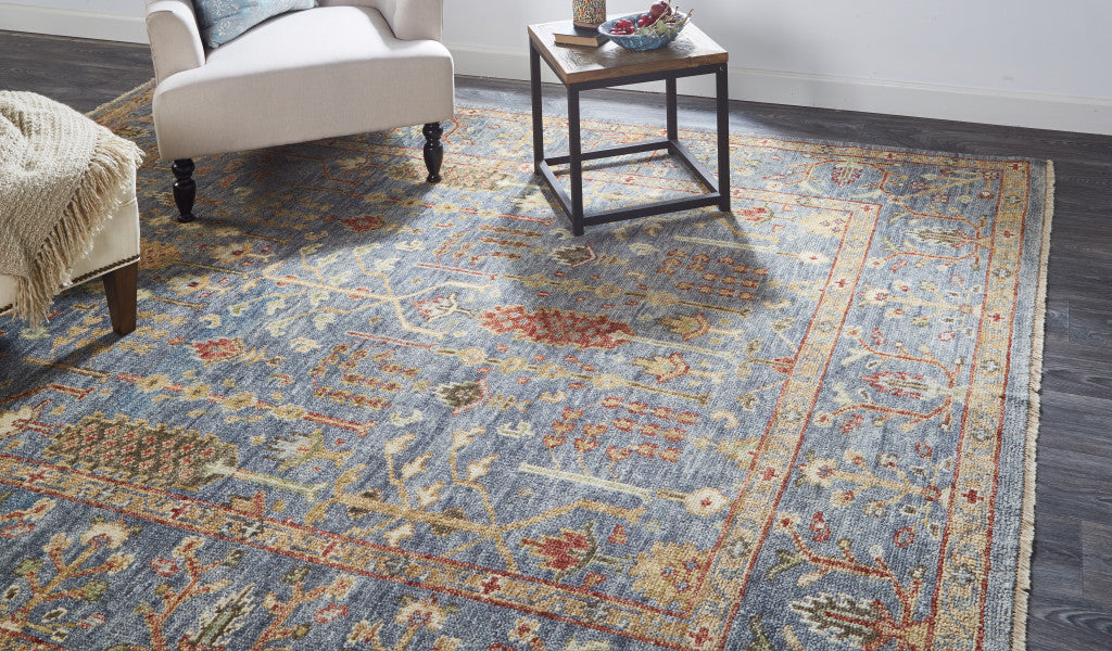 10' X 13' Gray Gold And Red Wool Floral Hand Knotted Stain Resistant Area Rug With Fringe-6