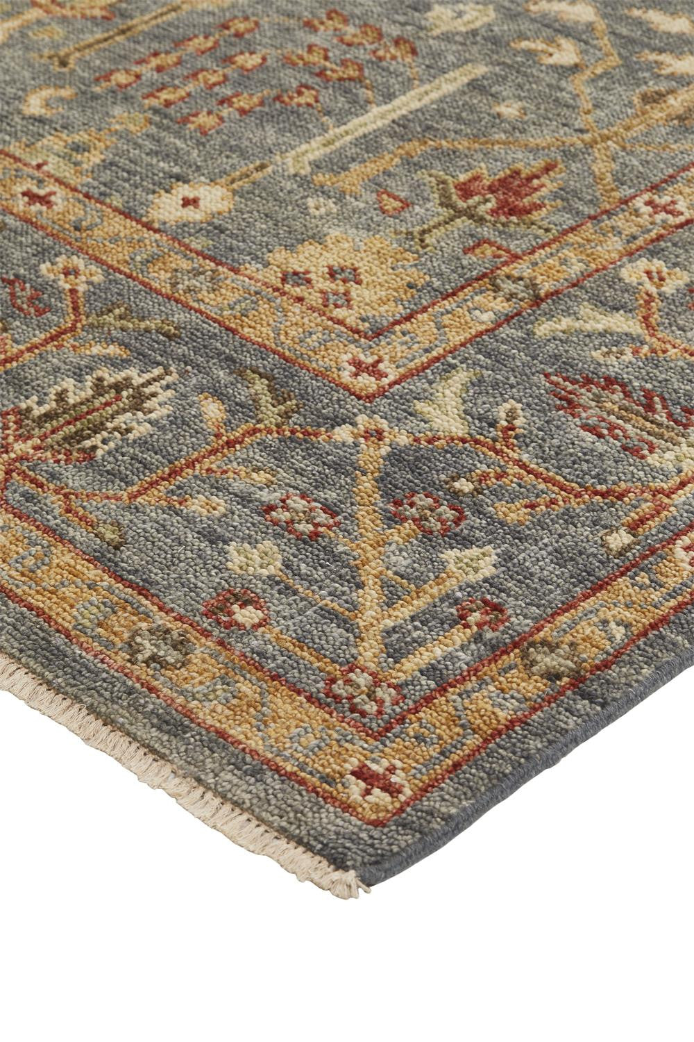 10' X 13' Gray Gold And Red Wool Floral Hand Knotted Stain Resistant Area Rug With Fringe-4