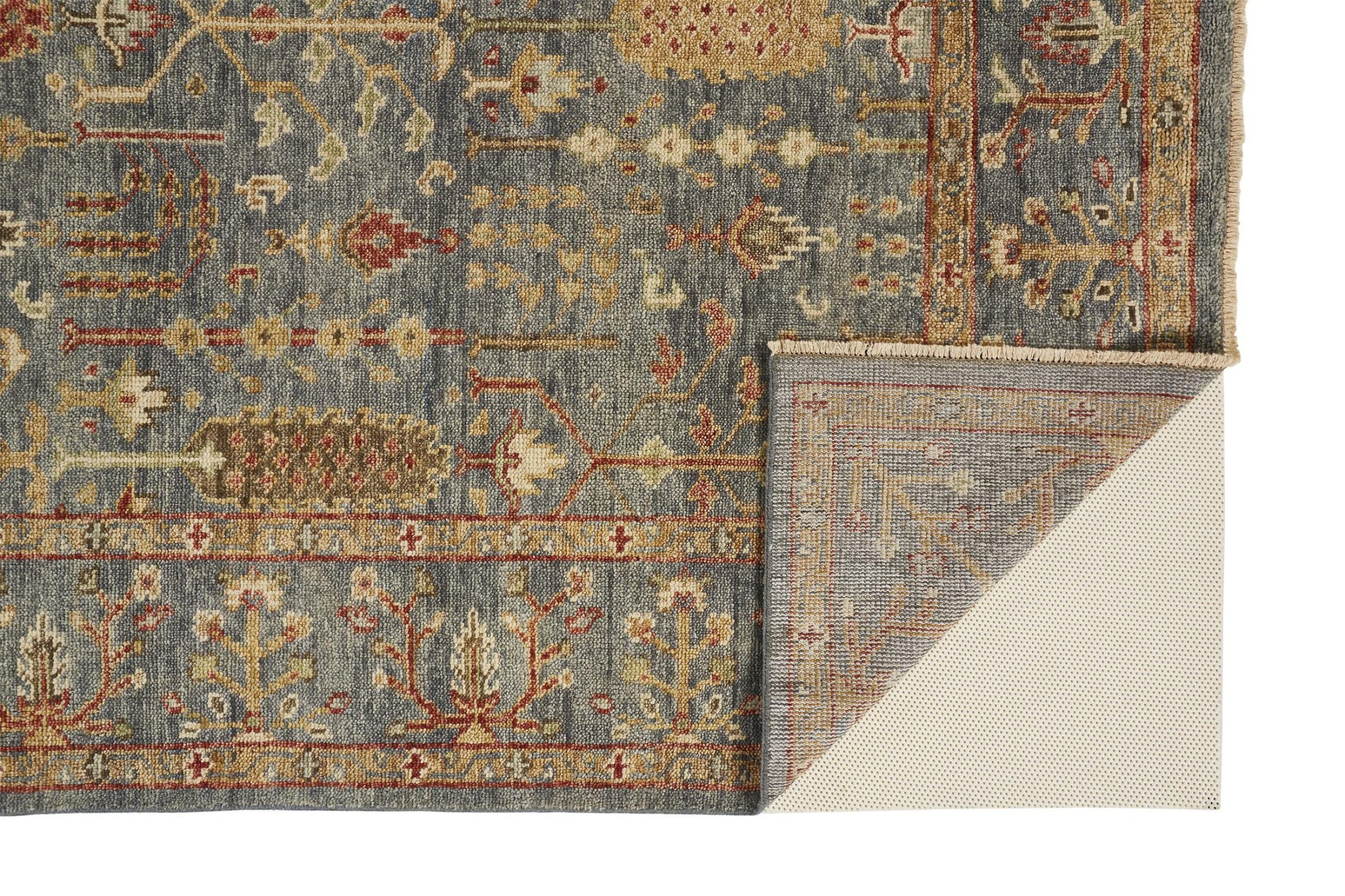 10' X 13' Gray Gold And Red Wool Floral Hand Knotted Stain Resistant Area Rug With Fringe-1