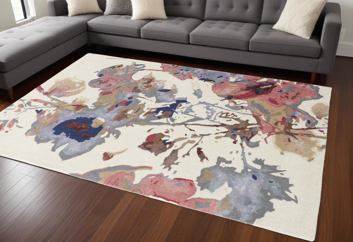 10' X 14' Ivory and Blue Wool Floral Hand Tufted Area Rug-0