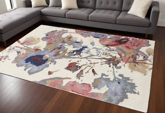 10' X 14' Ivory and Blue Wool Floral Hand Tufted Area Rug-0