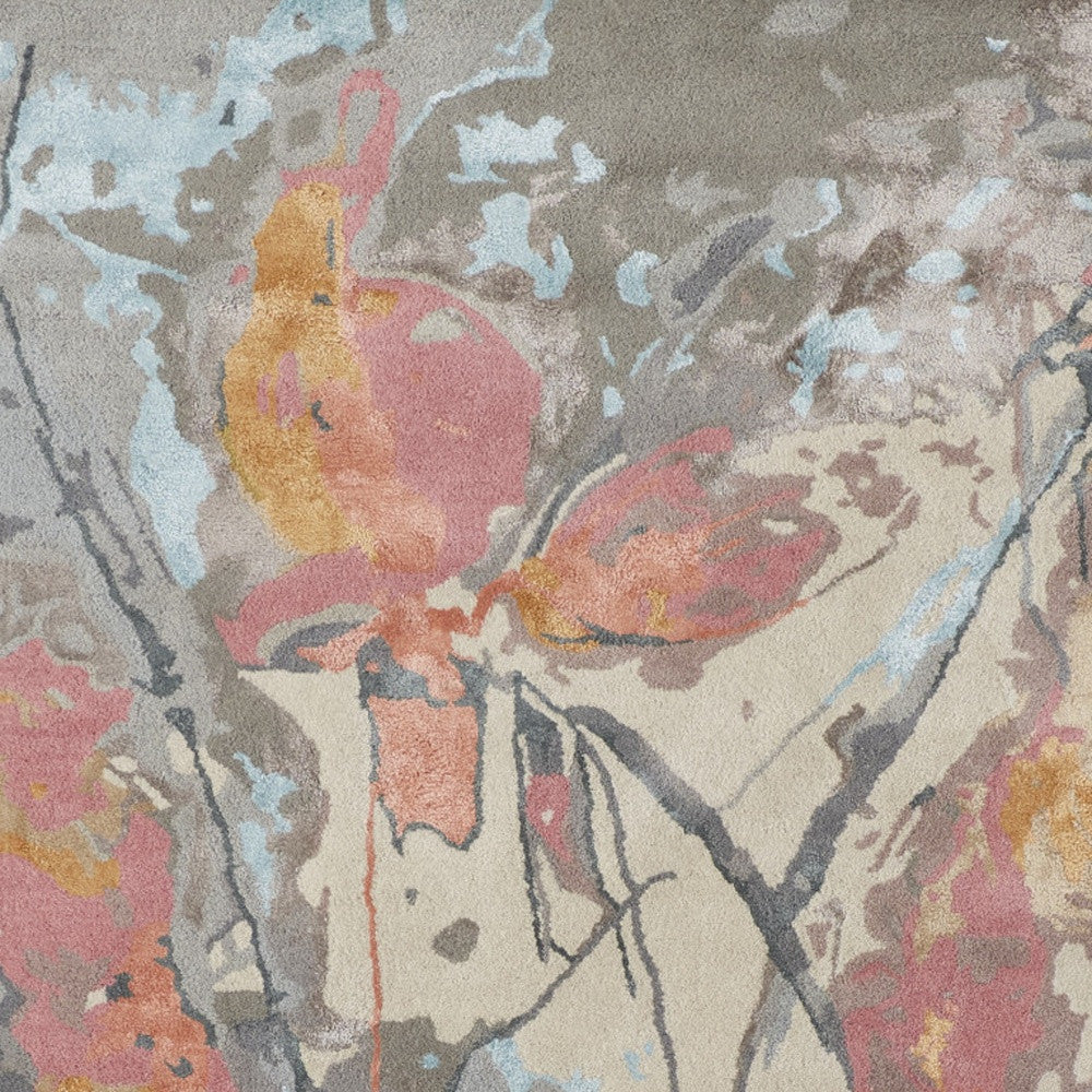 10' X 14' Blue Pink And Gray Wool Floral Tufted Handmade Area Rug-4