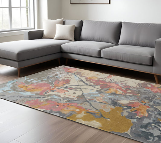 10' X 14' Blue Pink And Gray Wool Floral Tufted Handmade Area Rug-0