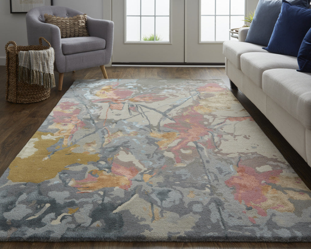 10' X 14' Blue Pink And Gray Wool Floral Tufted Handmade Area Rug-7