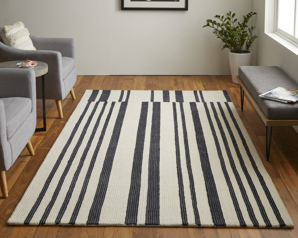 12' X 15' Ivory And Black Wool Abstract Tufted Handmade Area Rug-6
