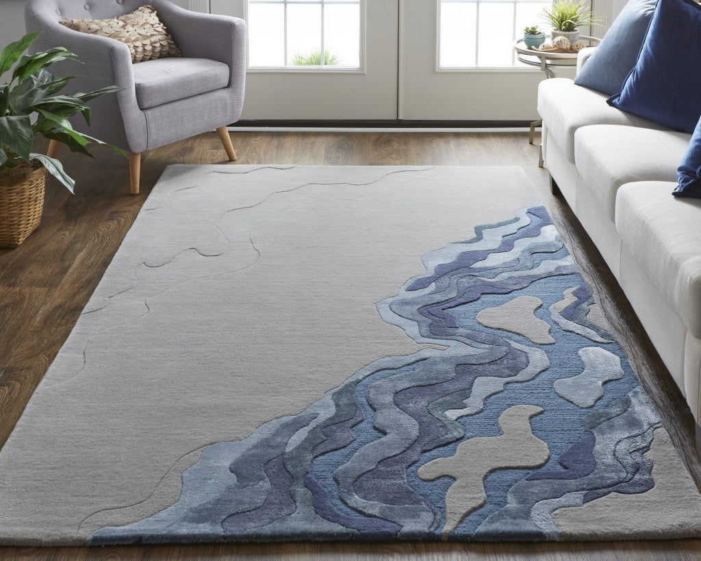 10' X 14' Blue and Gray Wool Abstract Hand Tufted Area Rug-3